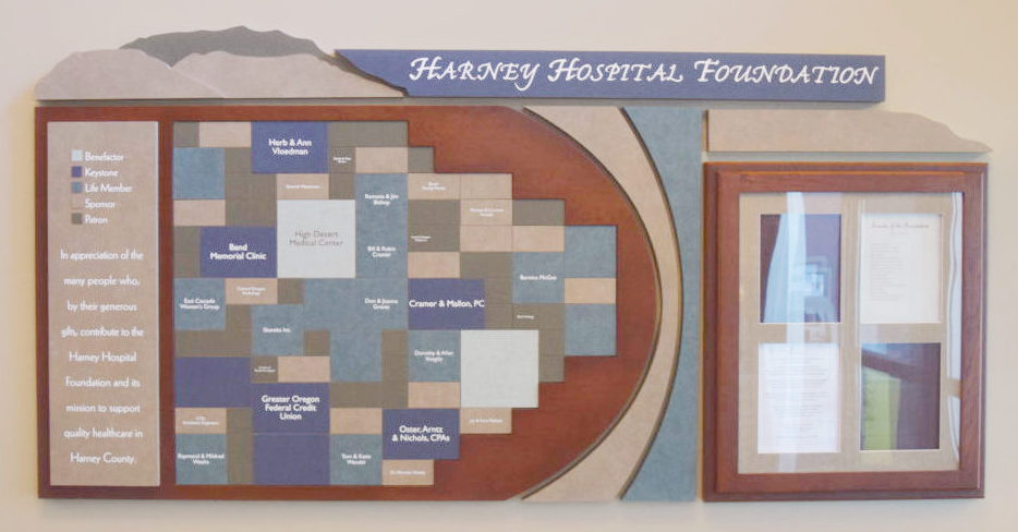 Harney Hospital Foundation wall display showcasing donors.